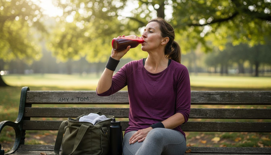 Female athlete drinking beetroot juice outdoors