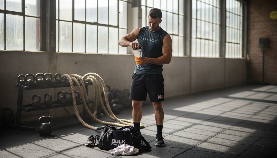 Athlete mixing supplement in sunlit gym