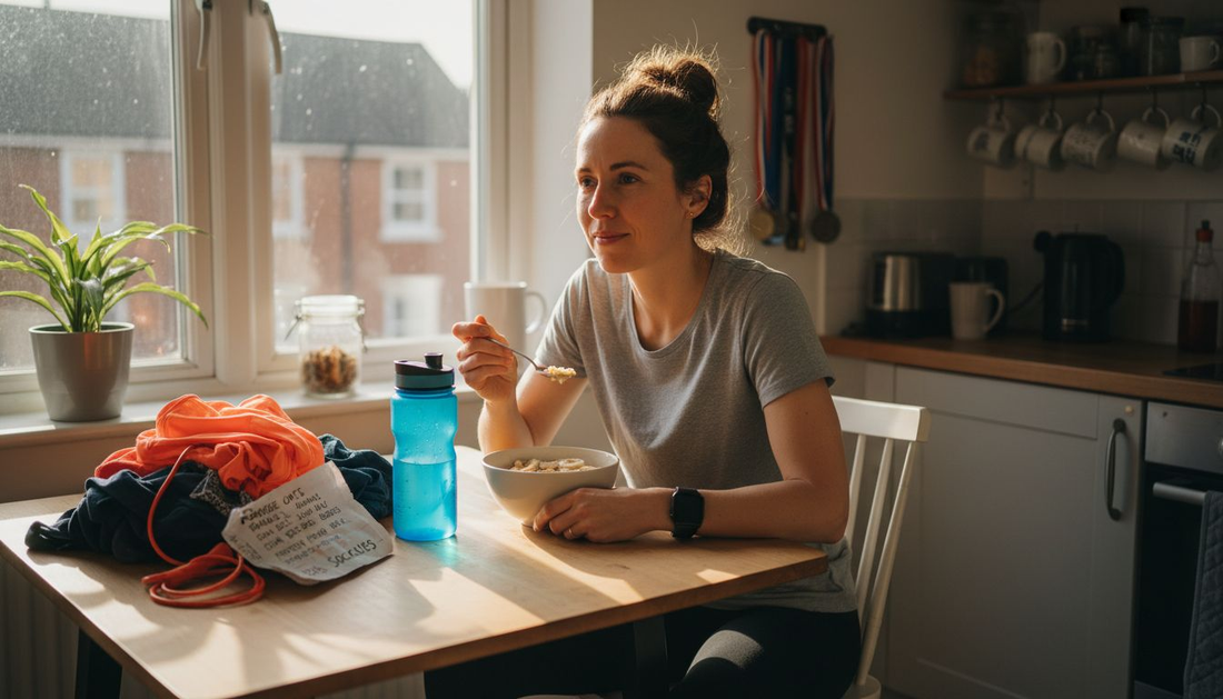 Runner eating morning pre-workout meal