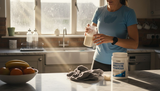 Female athlete preparing protein shake in kitchen