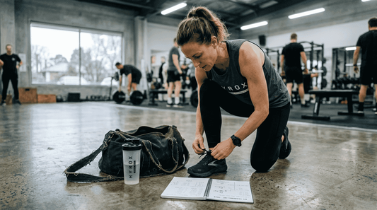 Female Hyrox athlete tying shoes in gym