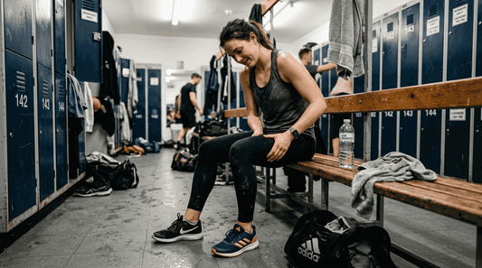 Woman massaging sore muscles in gym locker room