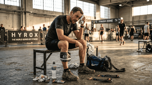 Hyrox athlete recovering after race on bench