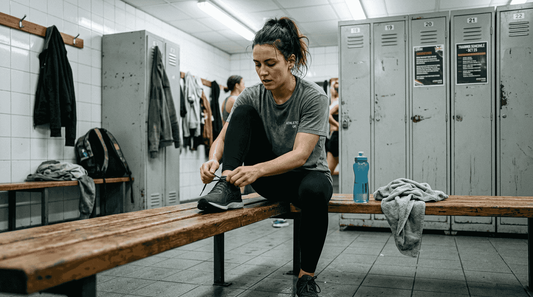 Female athlete lacing shoe in gym locker room