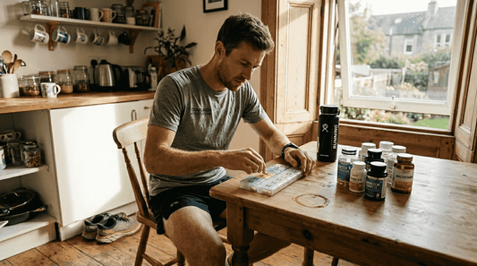 Athlete preparing supplement regimen at kitchen table