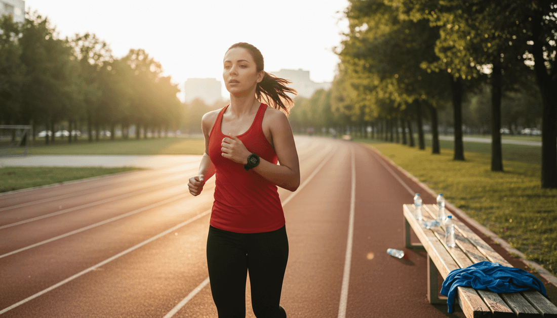 Female Hyrox athlete running on city track