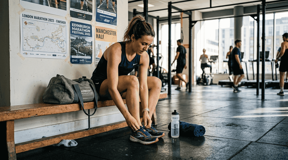Female athlete tying shoes in urban gym