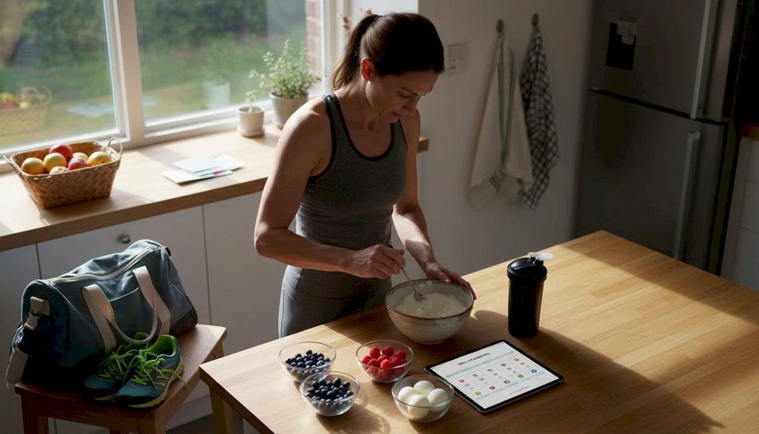 Female athlete meal planning breakfast in kitchen
