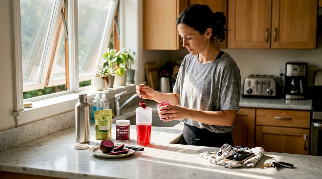 Woman preparing natural pre-workout drink in kitchen