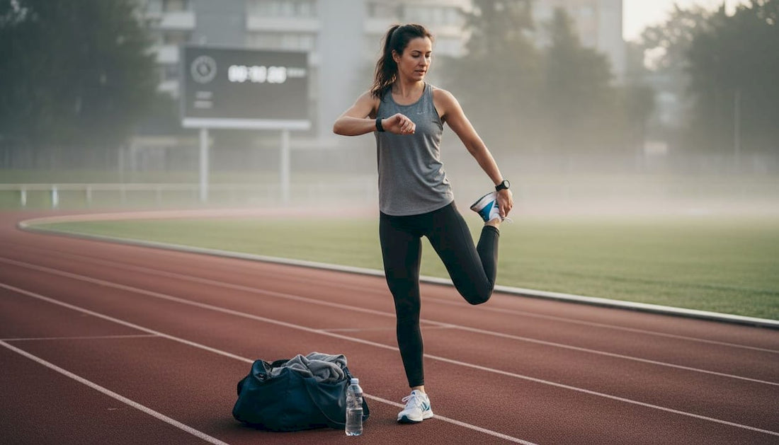 Female runner prepping on outdoor track