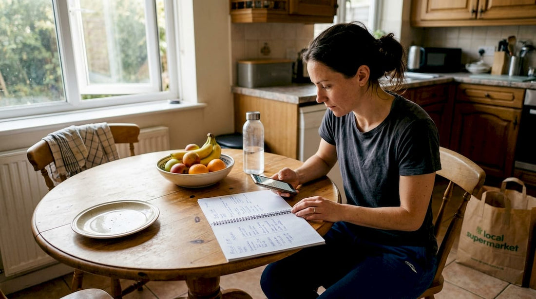 Female athlete planning meals in bright kitchen