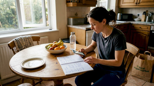 Female athlete planning meals in bright kitchen