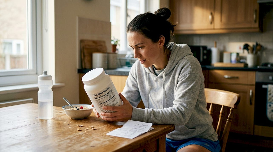 Athlete reading supplement label at kitchen table
