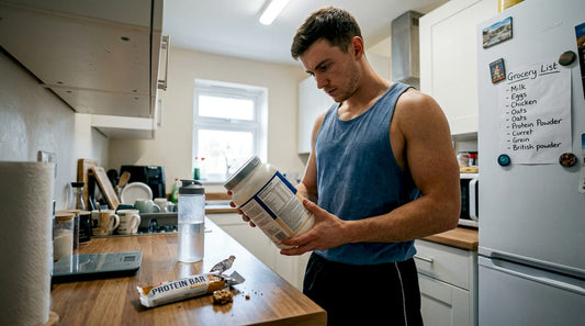 Athlete examining supplement label in kitchen