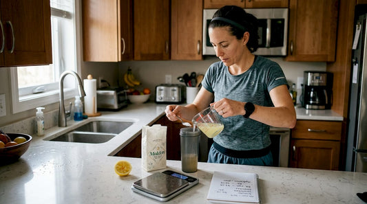 Female athlete measuring electrolytes in home kitchen