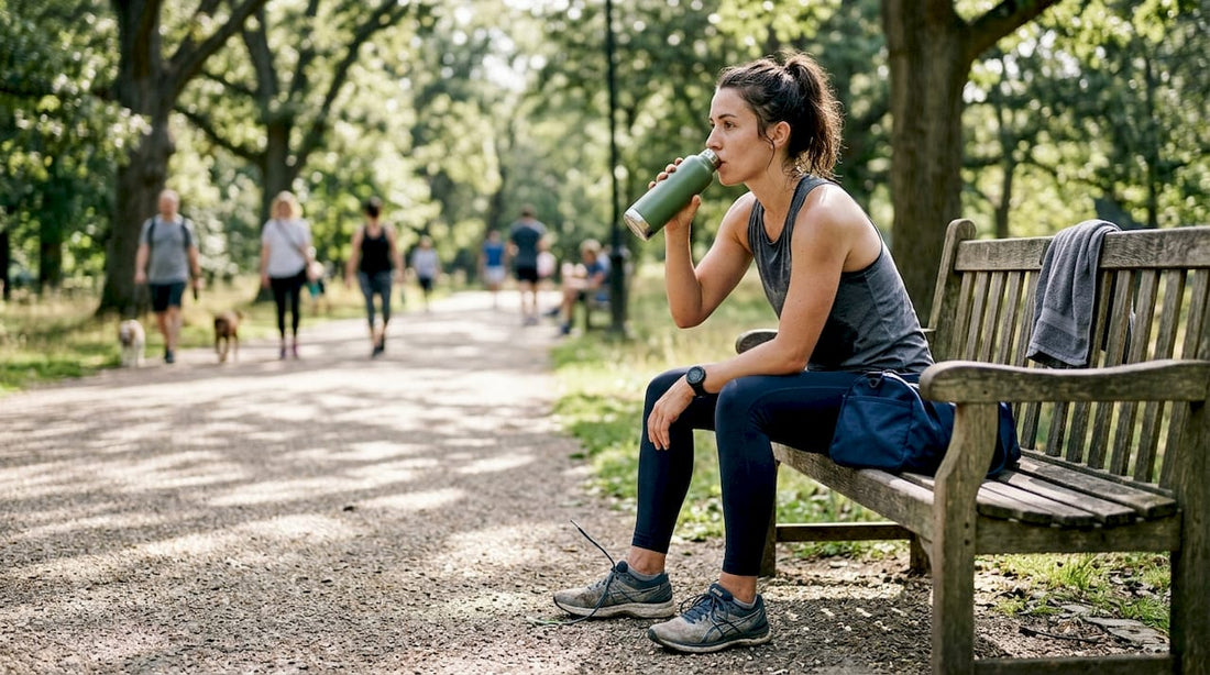 Female runner hydrating on a park bench