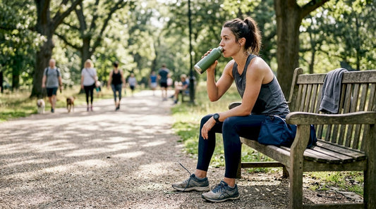 Female runner hydrating on a park bench