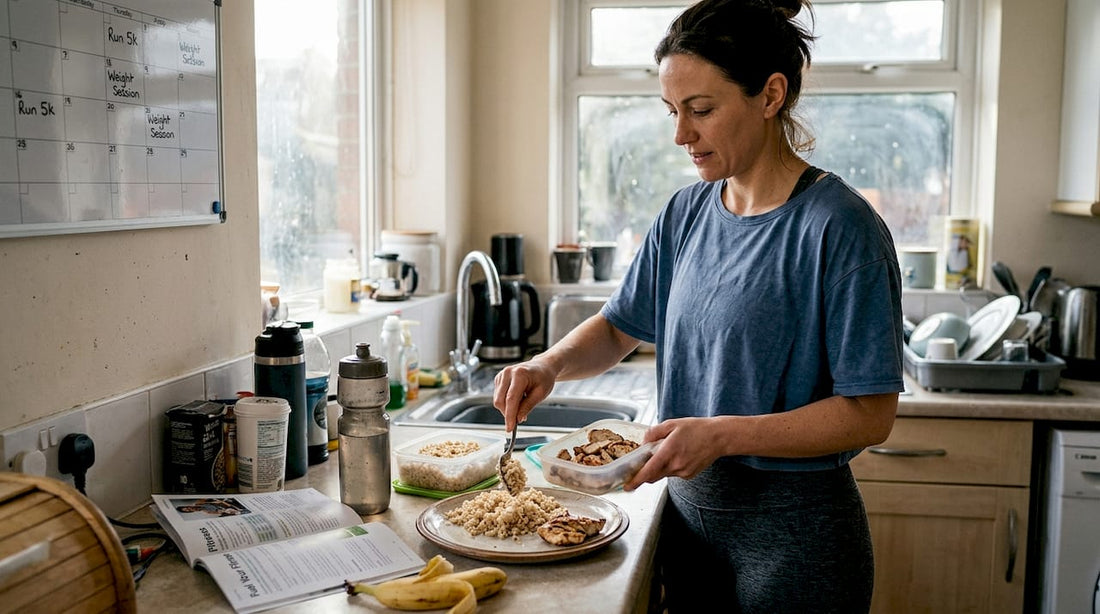 Female athlete prepares post-workout meal at home