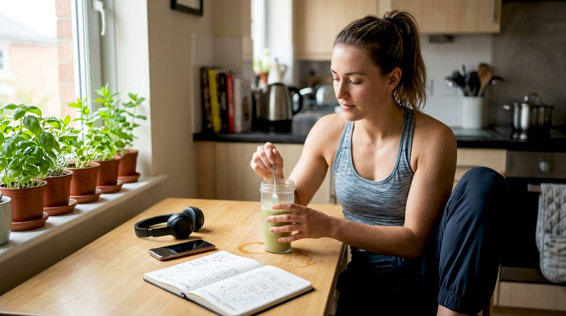 Woman preparing herbal pre-workout drink at kitchen table