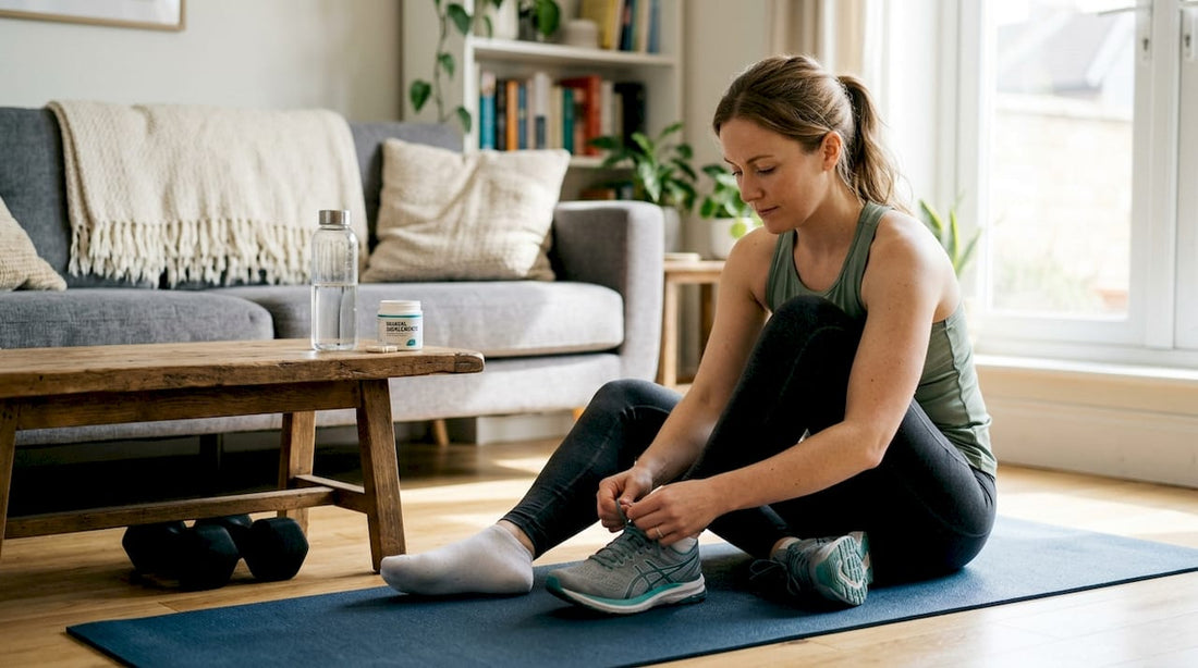 Woman prepping for home workout with hydration