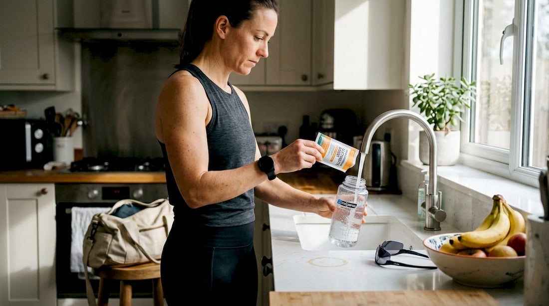 Woman preparing electrolytes for training at kitchen