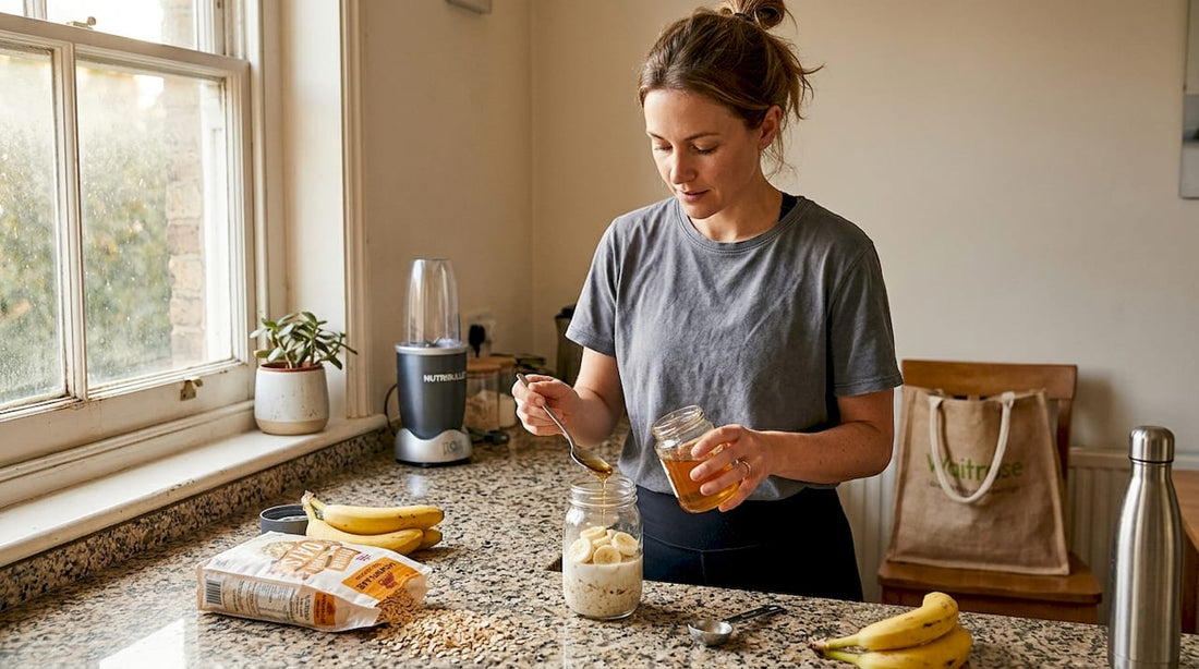 Woman preparing healthy pre-workout snack in kitchen