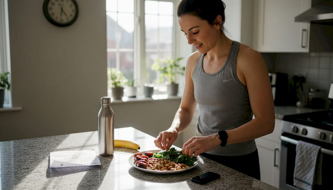 Athlete prepping whole food snacks in kitchen