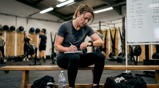 Female athlete logging workout in gym