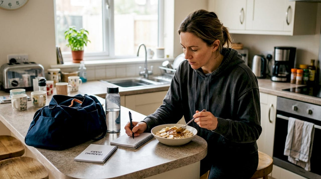 Woman logging pre-workout meal in kitchen