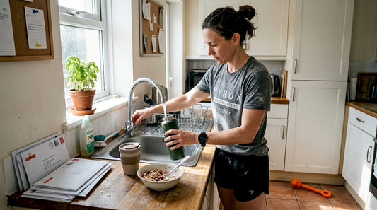 Female athlete prepares hydration in home kitchen