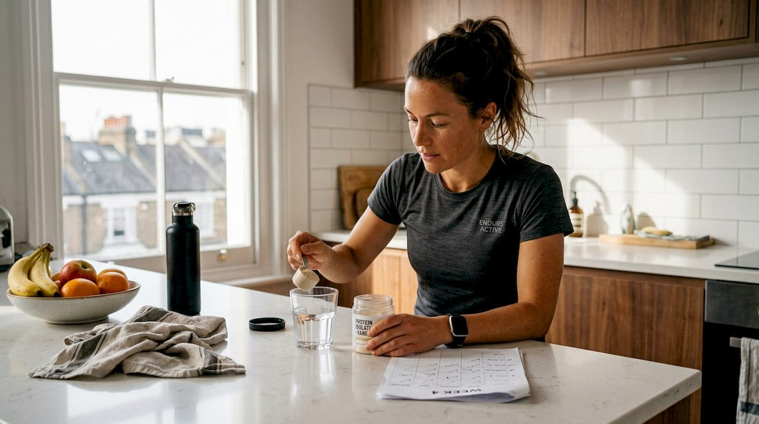 Female athlete preparing supplements in kitchen