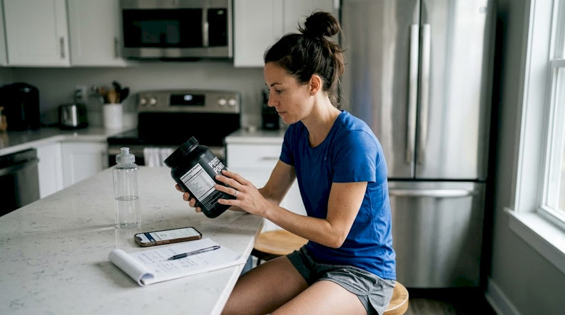 Female athlete checking supplement label at kitchen counter