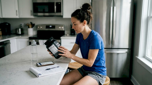 Female athlete checking supplement label at kitchen counter