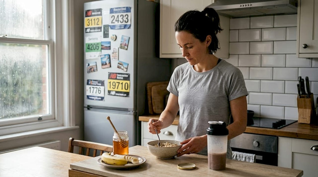Athlete making pre-race meal in kitchen