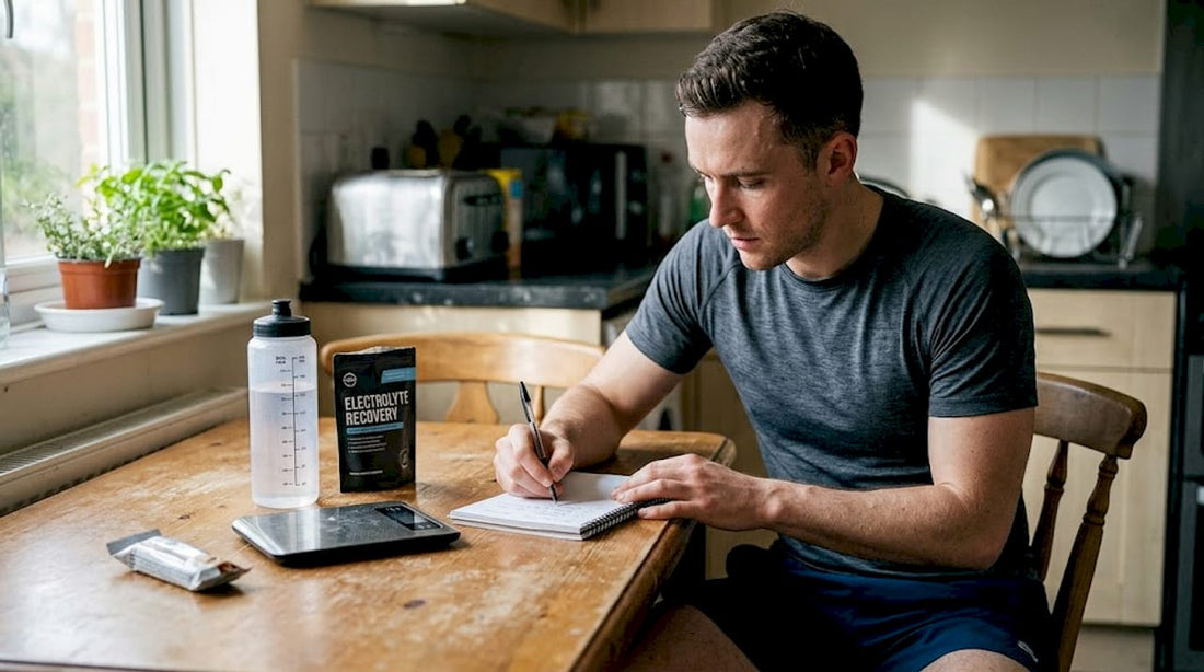 Hyrox athlete logs hydration on kitchen table
