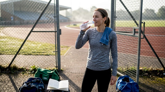 Female athlete at track hydrating before session