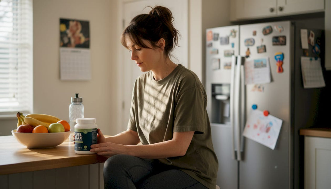 Woman studying supplement label in kitchen