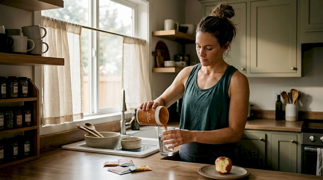 Active woman mixing supplement in kitchen