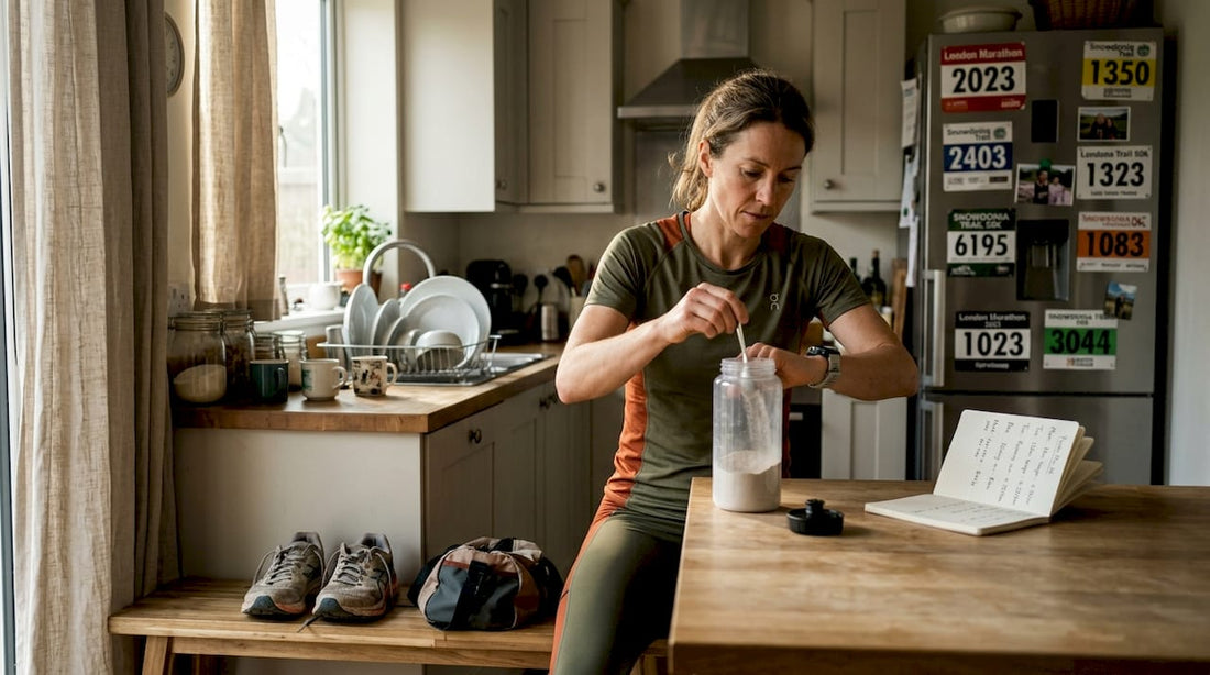 Female athlete preparing supplements in kitchen