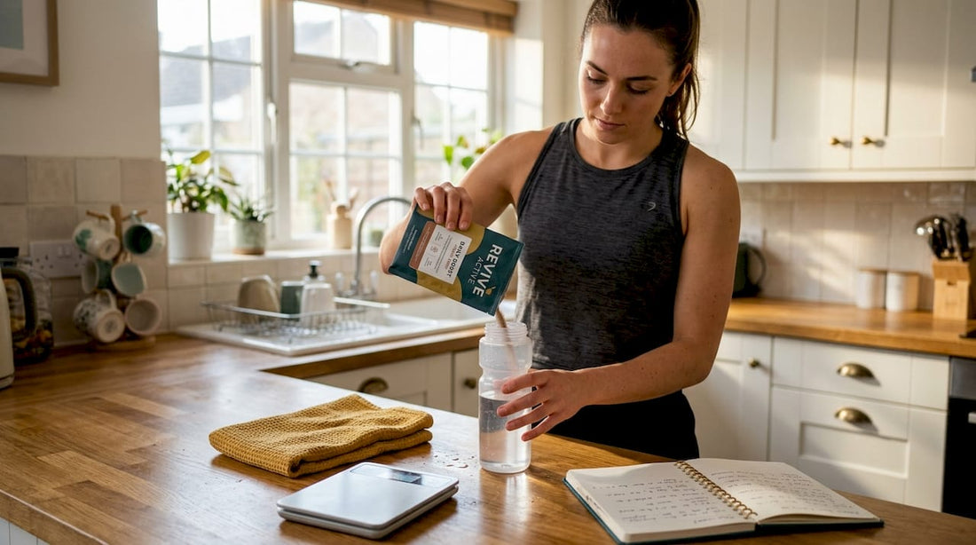 Woman preparing isotonic drink at kitchen counter
