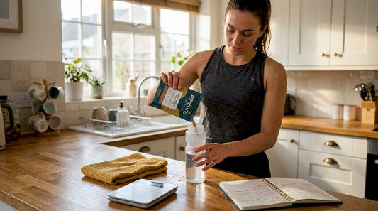 Woman preparing isotonic drink at kitchen counter