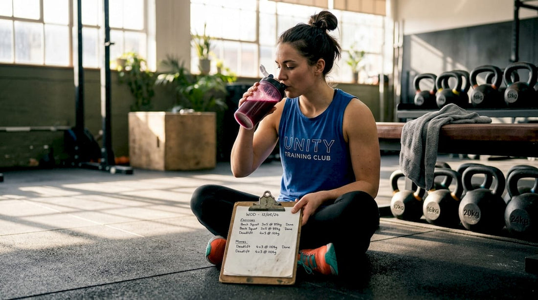 Female Hyrox athlete reviews log with beetroot juice