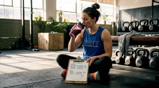 Female Hyrox athlete reviews log with beetroot juice