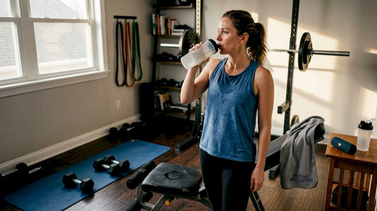 Woman hydrating during home gym workout