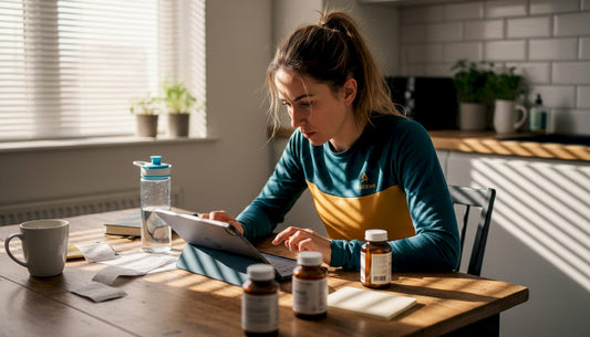Female athlete planning supplements at kitchen table