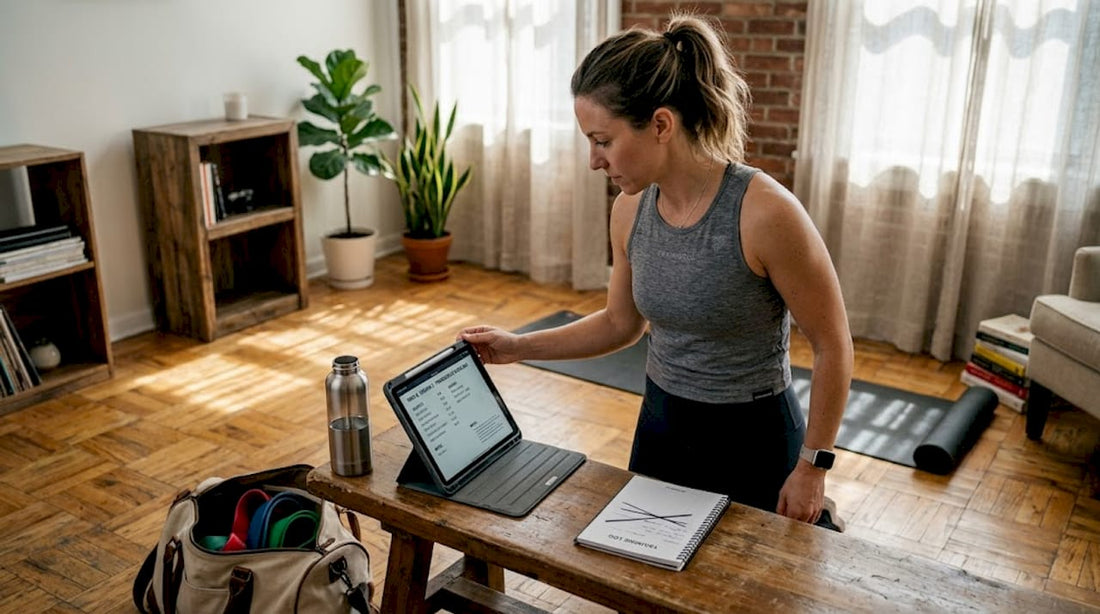 Female athlete prepping Hyrox workout in living room