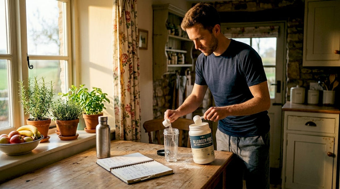 Athlete prepares allergen-free supplement in kitchen