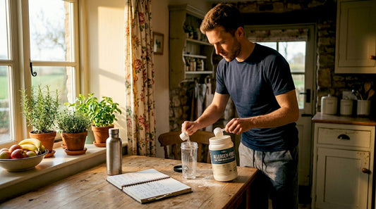 Athlete prepares allergen-free supplement in kitchen