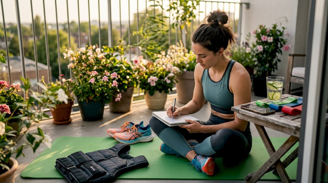 Female athlete tracking workout in journal at home