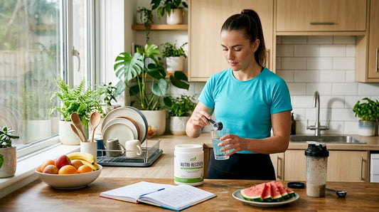 Female athlete preparing supplement at kitchen counter